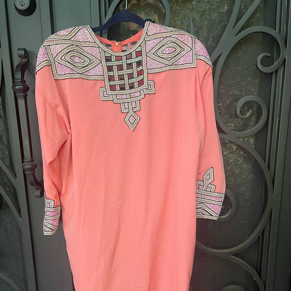 Coral, beaded  cocktail dress